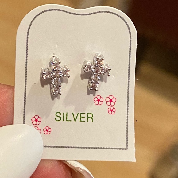 Small Sterling Silver Cross screw Back Earrings - Picture 7 of 9